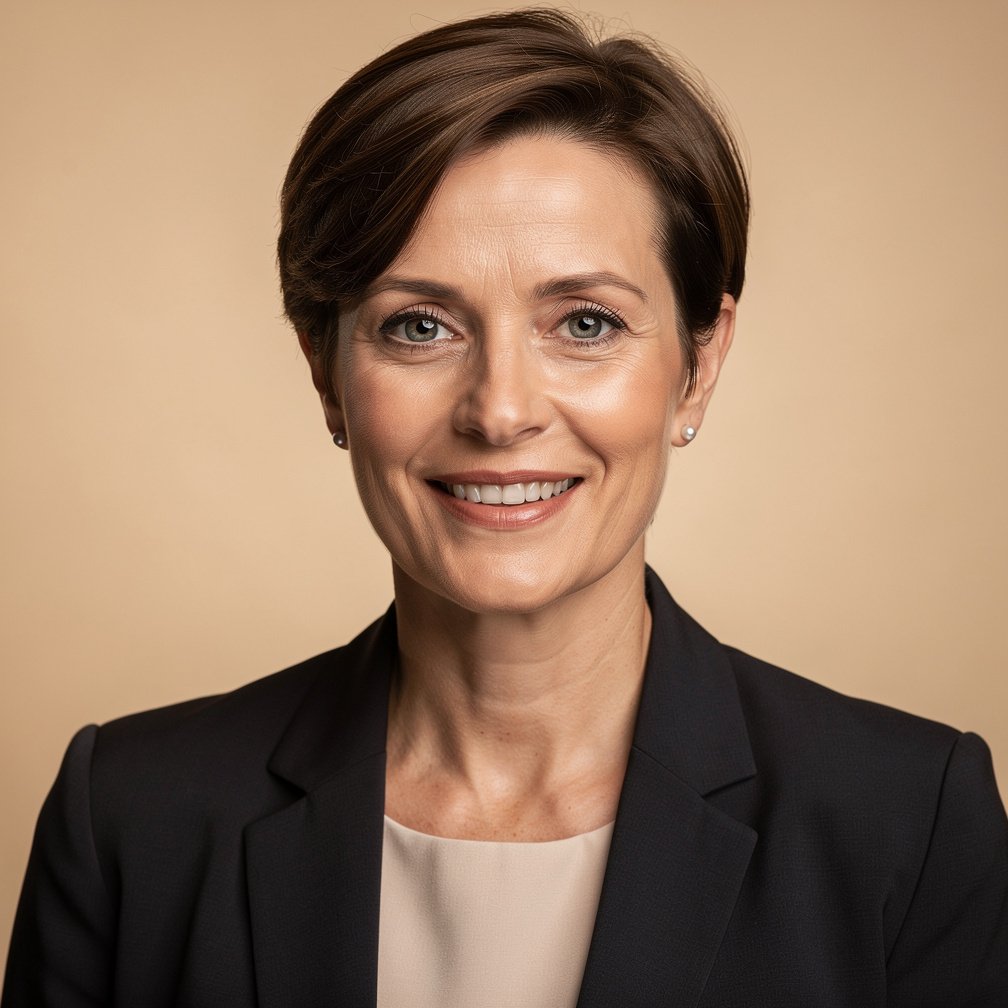 Confident Belgian businesswoman journalist studio portrait