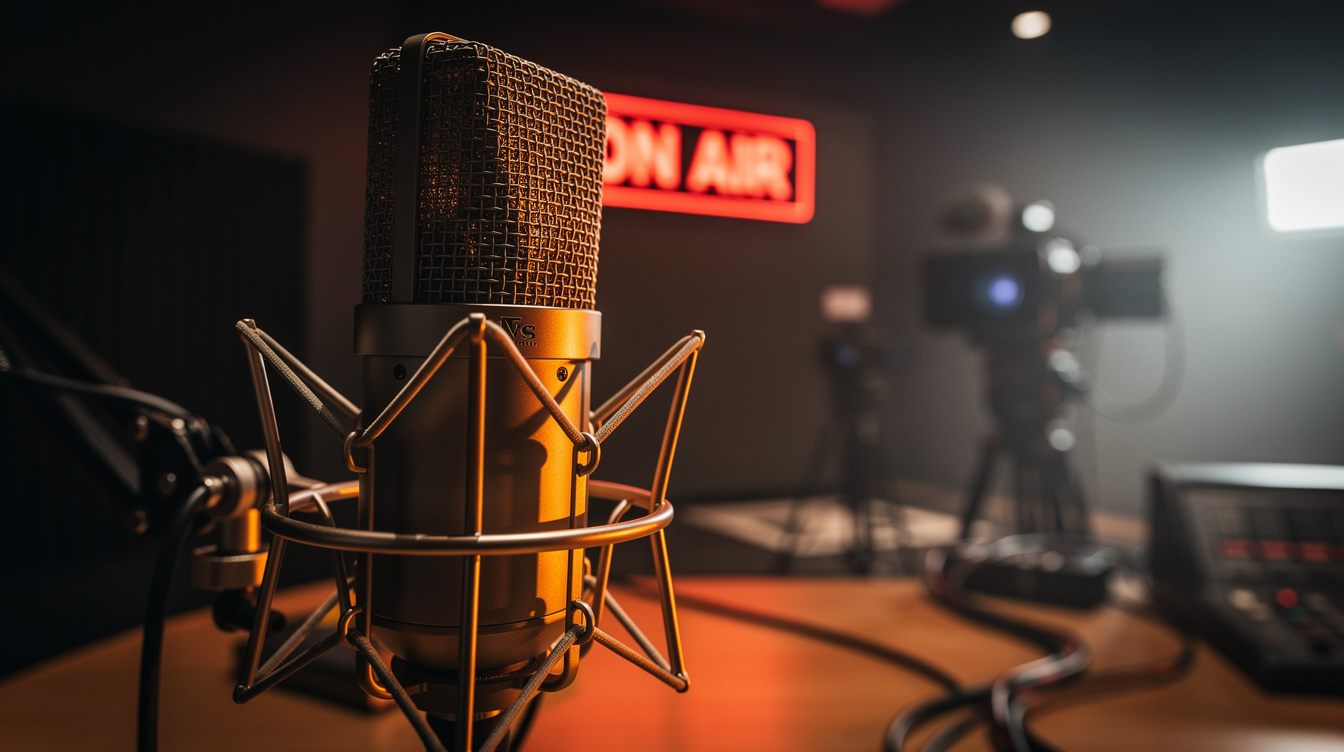 On-air studio microphone with warm dramatic lighting